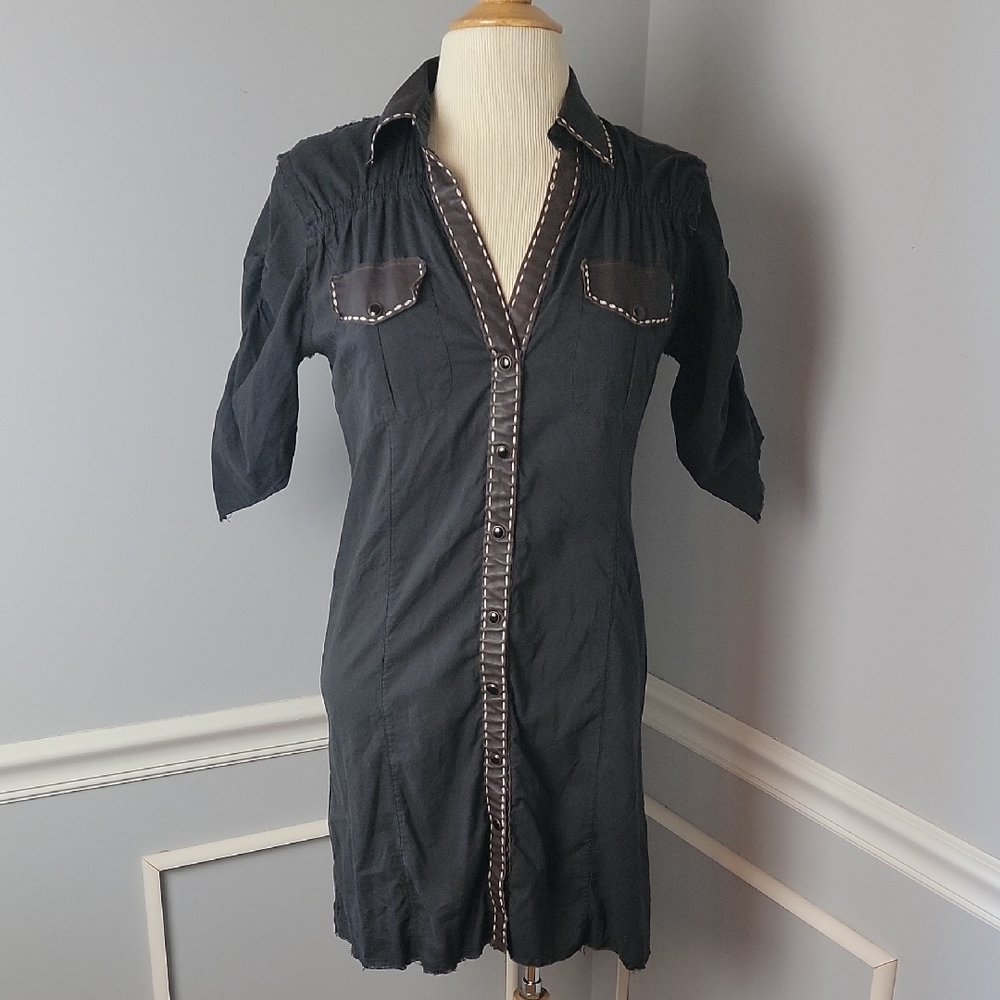 SOUL REVIVAL Black Faux Leather‎ Studded Snap Western Rodeo Boho Shirt Dress M
